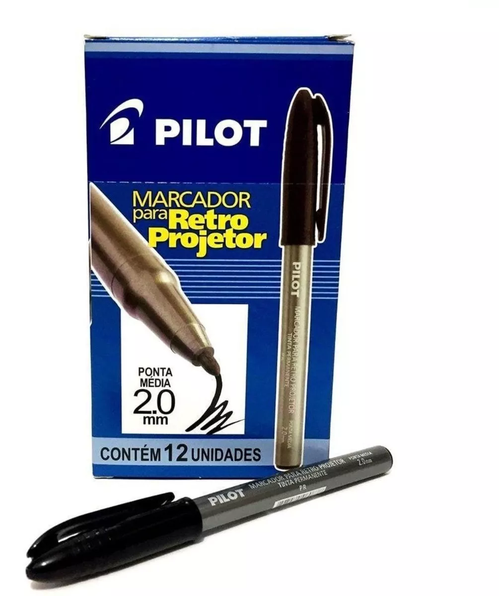 12 Caneta Marcador  Retro Projetor Pilot Preta - Ponta 2.0mm