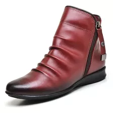 Bota Botinha Feminina Couro Cano Curto Baixo Vermelha Oferta