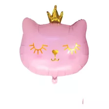 1 Globo Metalizado Cara De Gato Gatito Rosa Con Corona 72 Cm