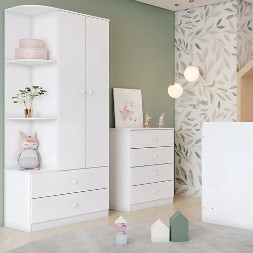 Quarto De Bebê Com Guarda Roupa E Cômoda Labirinto Henn Cor Branco