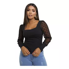 Blusa Feminina Poa Manga Longa Tule Bufante Princesa