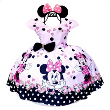 Vestido Infantil Personagem Minnie Rosa E Tiara Rosa Luxo