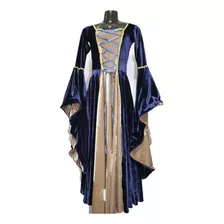 Vestido Rainha Elfa Medieval Azul Com Bege