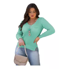 Blusa Tricot Modal Charmoso Manga Comprida Lã Bolso Feminina