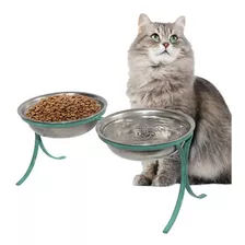 Comedouro Alto Pet Inox P/ Gatos Duplo Ração Agua Verde Aniz