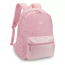 Mochila Escolar Feminina Corações Glitter C/ Chaveiro Pompom Cor Rosa-claro Desenho Do Tecido Coração-glitter