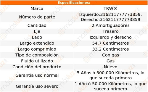 (2) Amortiguadores Gas Traseros Plymouth Sundance 87/94 Trw Foto 2