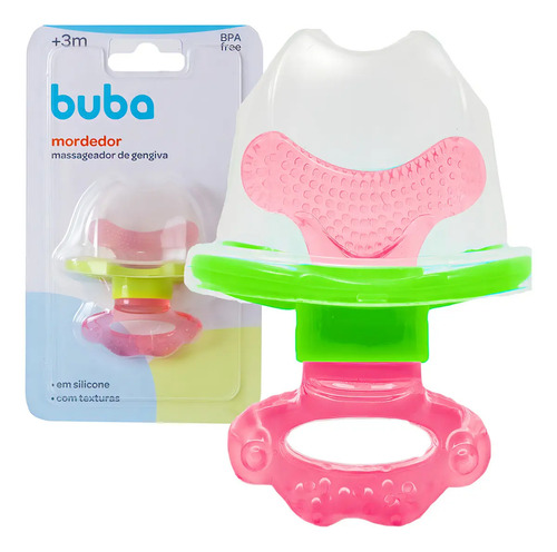 Mordedor Com Massageador De Gengiva, Buba, Rosa Rosa/verde Liso