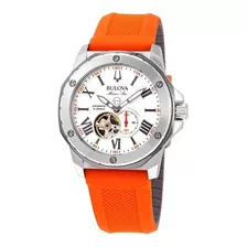 Reloj Pulsera Bulova Marine Star 98a22 De Cuerpo Color Plata Y Gris, Analógico, Para Hombre, Fondo Blanco, Con Correa De Silicona Color Naranja, Agujas Color Gris Y Blanco, Dial Gris, Subesferas Color