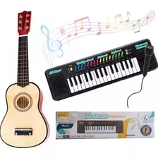 Kit Piano Teclado Musical + Mini Violão Infantil De Madeira 