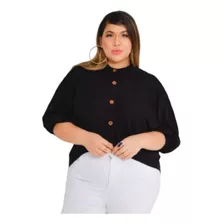 Camisa Mullet Plus Size Com Botões E Manga 3/4