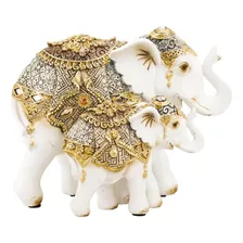 Elefante Mãe Filhote Branco Ornamentado Animais Resina 18 Cm Cor Branco E Dourado