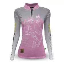 Camiseta De Pesca Feminina Tucunare Rosa Manga Longa King Uv