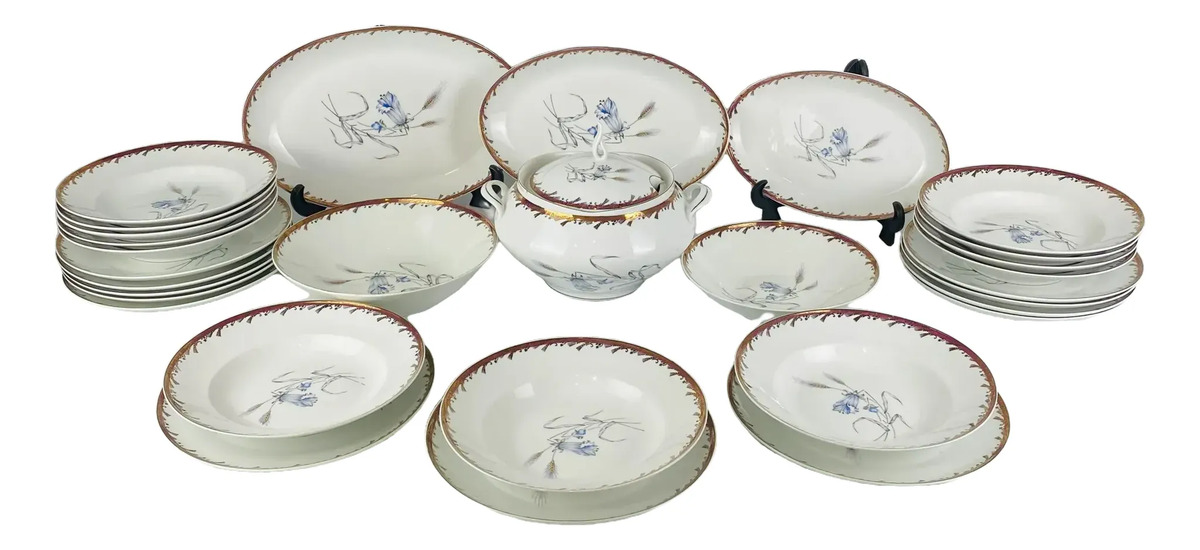 Jogo De Jantar Porcelana Floral Filete Dourado 41 Peças Branco Florido