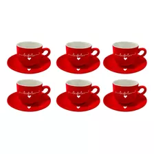 Jogo Xícaras Vermelha De Café Porcelana C/ Pires 12 Pcs 90ml