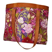 Bolso Bordado Flores Rosas Piel Original Artesanal Grande