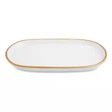 Bandeja Oval Em Cerâmica Branca Com Borda Dourada 27cm