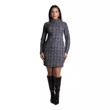 Vestido Xadrez Curto Casual Gola Alta E Manga Longa Tweed