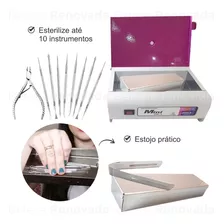 Estufa Esterilizadora De Alicates De Unha Forninho + Estojo Cor Branca/ Rosa + Estojo + Pegador Bivolt Automático - 110v / 220v