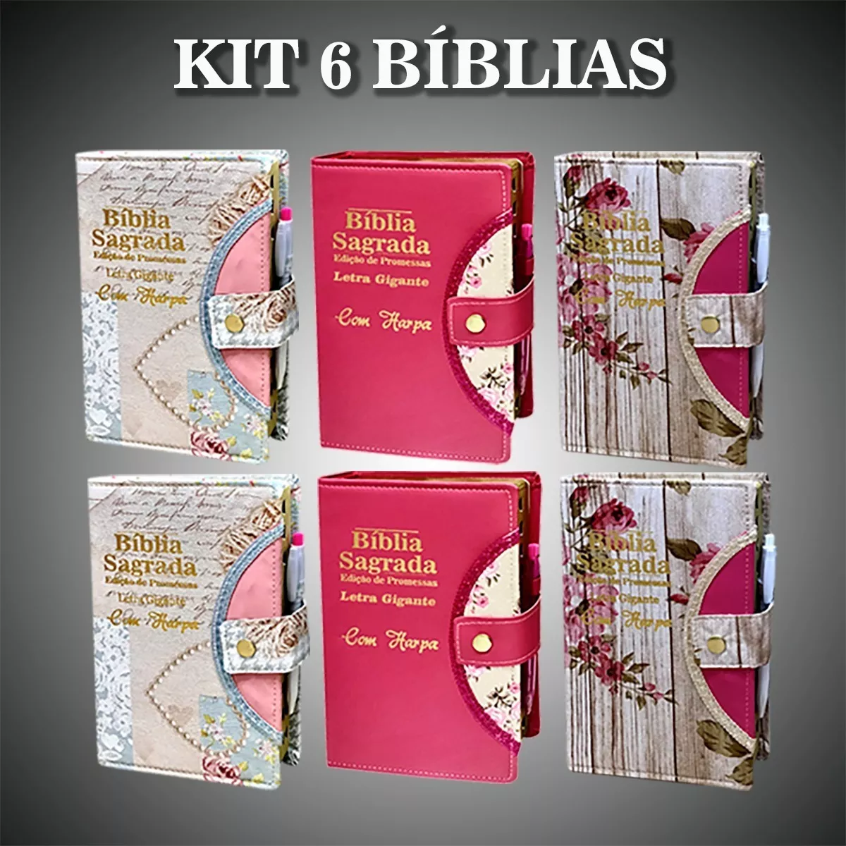 Kit 6 Bíblia Letra Gigante - Botão E Caneta C/ Harpa - 14x21