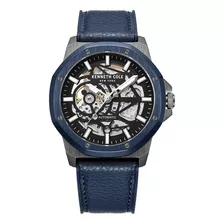 Reloj Pulsera Kenneth Cole Kcwgr2232901, Analógico, Para Hombre, Fondo Negro, Con Correa De Cuero Color Azul, Bisel Color Gris Y Hebilla Doble