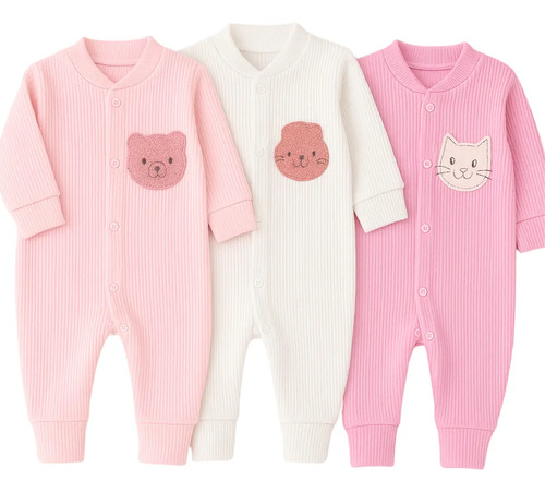Kit 3 Macacão Para Bebê Canelado Bordado Menina Menino P - G