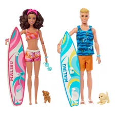 Kit Boneca Barbie E Ken Dia De Surf Acessórios Praia Mattel