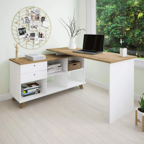 Escrivaninha Em L 2 Gavetas Artany Gold Olmo Com Branco Olmo/branco