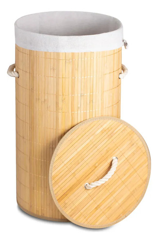 Cesto De Roupa Bambu Redondo 60 Litros Lavanderia Banheiro Bege Liso