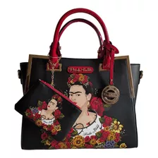 Bolsa Satchel C/ Monedero Frida Kahlo Flores Original Bk-rd