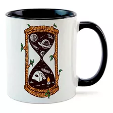 Caneca Interior Preta Ampulheta Tempo Universo Planetas