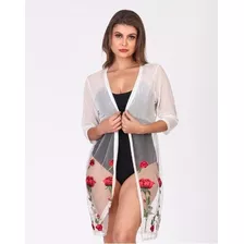 Kimono Cardigan Feminino Tule Com Rendas Importado