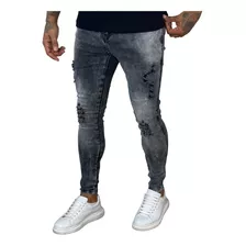 Calça Skinny Masculina Com Ziper Na Perna Jeans C/ Lycra Top