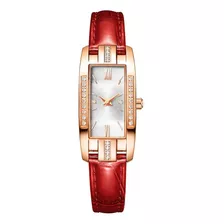 Relógio Dourado Feminino Quartzo Strass Couro Vermelho