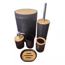 Kit De Banheiro 6 Peças Lixeira Com Tampa - Moderno C/ Bambu Cor Preto