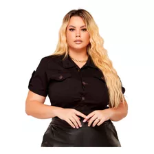 Camisa Cropped Jeans Verão Plus Size Blusa Manga Curta