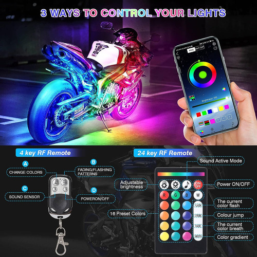 8 Kits De Luces Led Rgb Para Motocicleta Con Control De Apli Foto 2