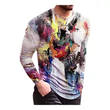 Camisa Q Para Hombre, Manga Larga, Cuello Redondo, Estampado