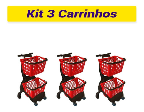 Kit 3 Carrinhos Plástico Ecoflex P/ Compras Duplo Cesto 25 L