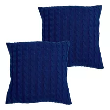 Kit 2 Capa Almofada Decorativa Escritorio 45x45 Tricot Tricô Cor Azul-marinho Trança