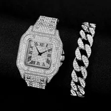 Reloj Iced Out Para Hombre Con Pulsera De Plata Cubana Y Cad