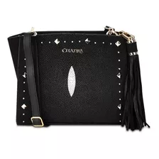 Bolso Crossbody Cuadra De Dama Piel Genuina Mantarraya Negro