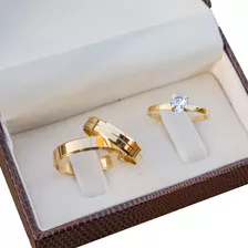 Par Alianças De Casamento Ouro 18k Chanfrada 5mm + Solitário