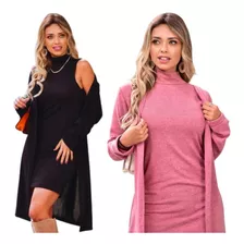 Kit 2 Conjunto Feminino Vestido E Cardigãs Lãzinha Inverno