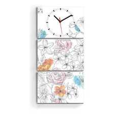 Reloj De Pared Cuadro Triptico Flores Pajaro Diseño Abstract