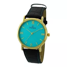 Relógio Champion Feminino Couro Original Ch22206f Cor Da Correia Preto Cor Do Bisel Dourado Cor Do Fundo Azul-turquesa