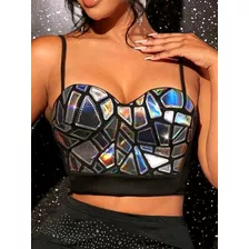 Top Cropped Prata Lantejoulas Holográfico Zíper Festa Tam.g 