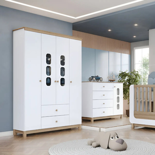 Quarto De Bebê Com Guarda Roupa E Cômoda Aconchego Henn Branco/jequitibá Hp