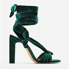 Sandalias Zara Amarras Terciopelo Verde Taco Alto