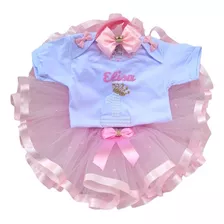 Roupa De Aniversário Realeza Luxo + Body Com Nome+ Chapéu